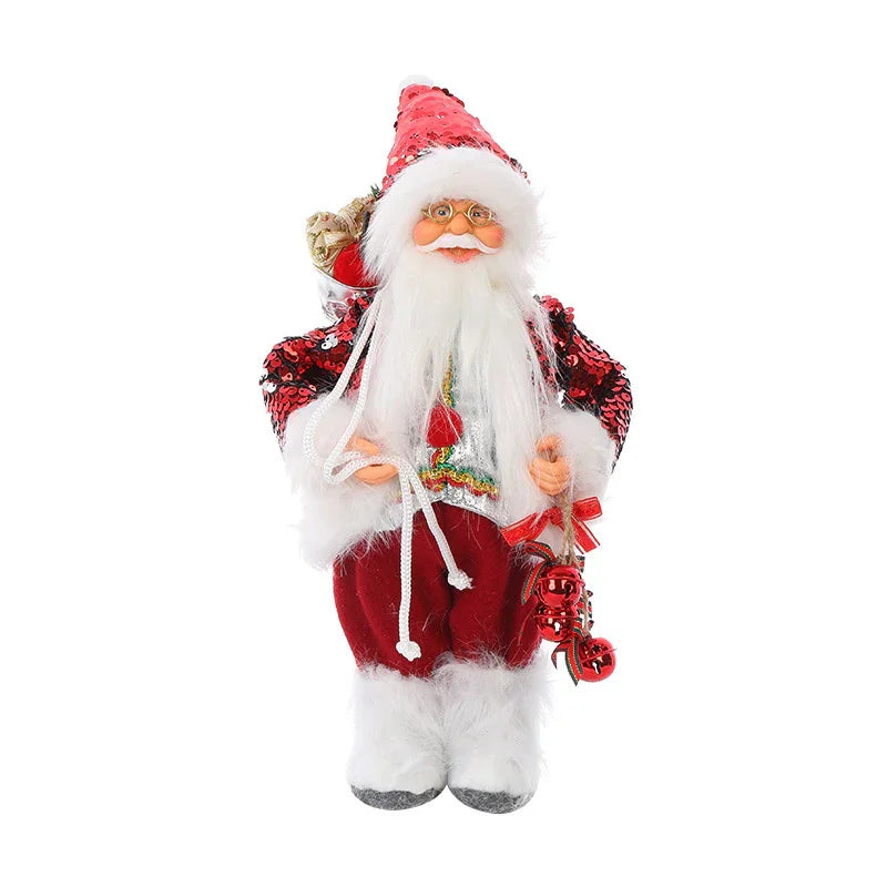Figurine de Père Noël en costume rouge à sequins avec barbe blanche et sac de cadeaux sur le dos