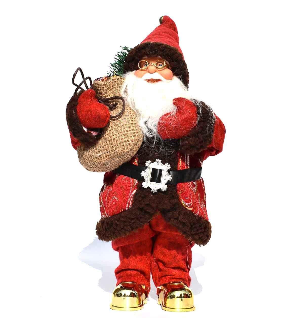 Figurine de Père Noël en tissu rouge et marron avec sac en toile de jute et bottes dorées