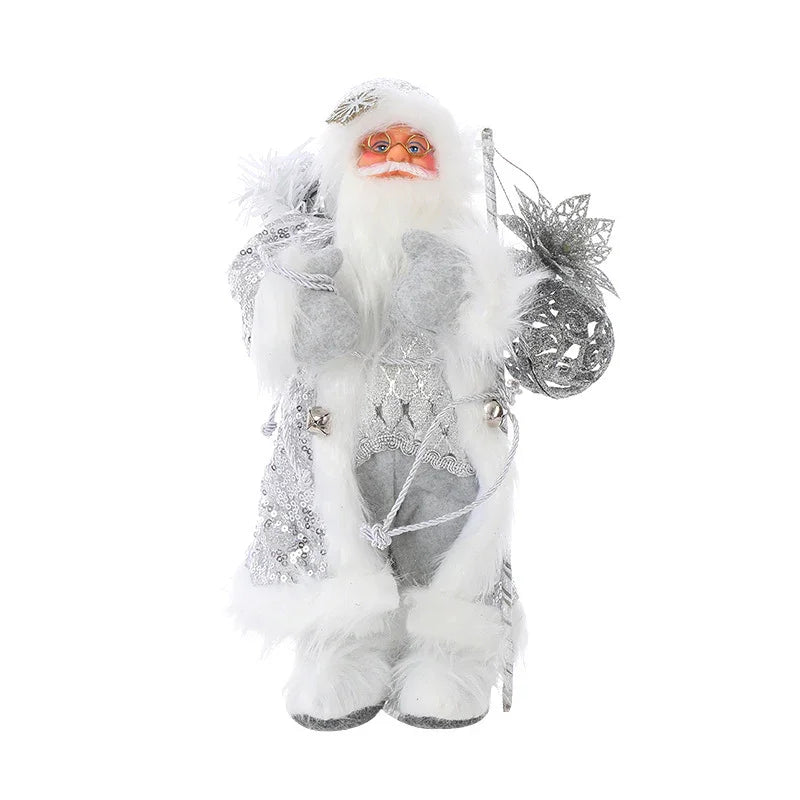 Figurine de Père Noël élégante en blanc et argenté avec manteau à sequins et sac décoratif en fête